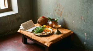 Poojyaya Raghavendraya mantra chanted at a home pooja corner with an oil lamp and tulsi before Rayaru