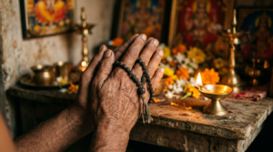Hands with a tulsi mala chanting the Raghavendra Moola Mantra beside a brass oil lamp