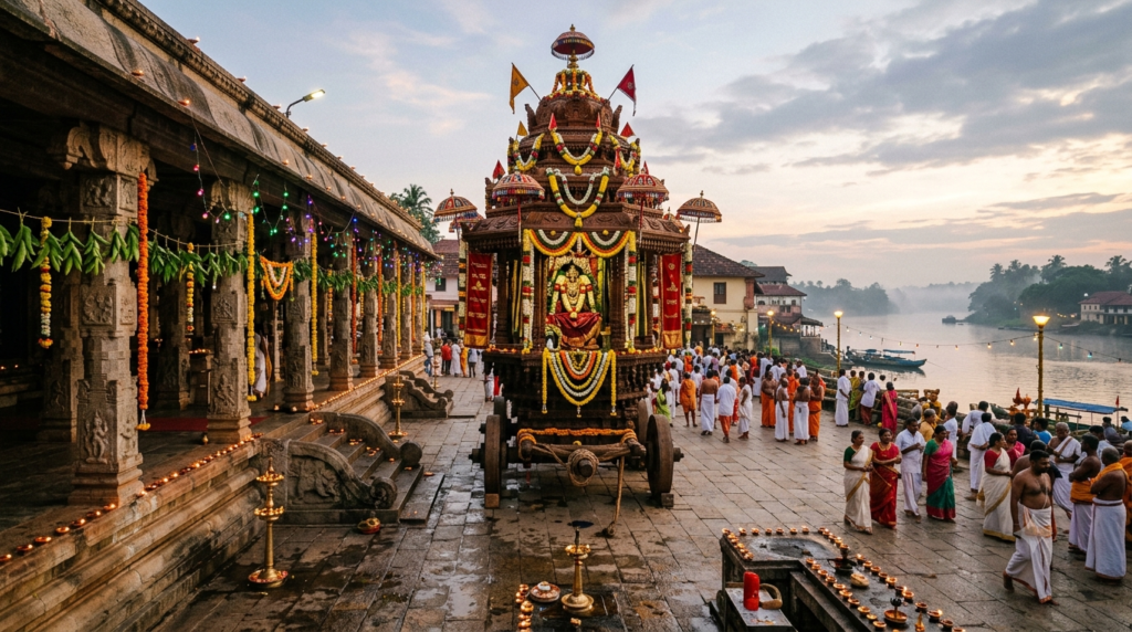 Raghavendra Swamy Aradhana 2026 festival at Mantralaya with decorated mutt and temple chariot