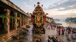 Raghavendra Swamy Aradhana 2026 festival at Mantralaya with decorated mutt and temple chariot