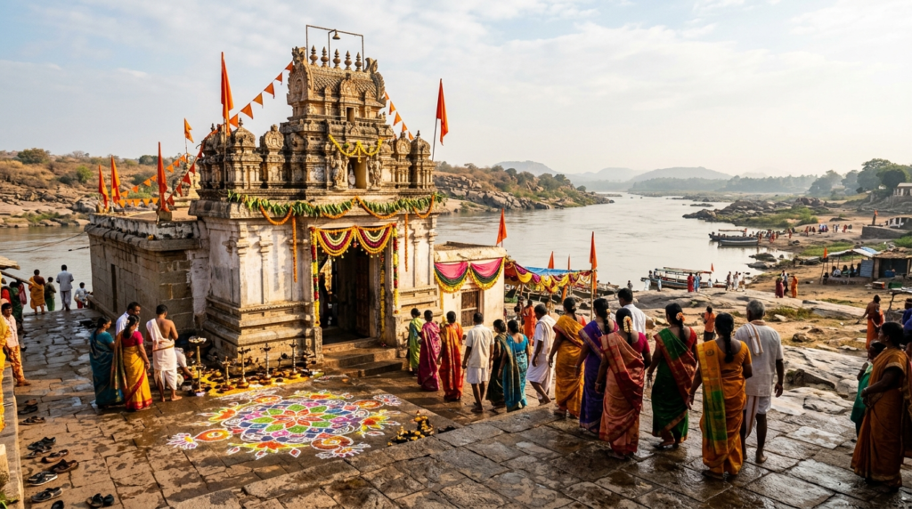 Devotees at Raghavendra Swamy Jayanti before the Mantralaya Brindavana