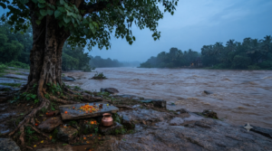 Appanacharya of Bichale composing the Sri Raghavendra Stotra beside the flooded Tungabhadra river near Mantralaya
