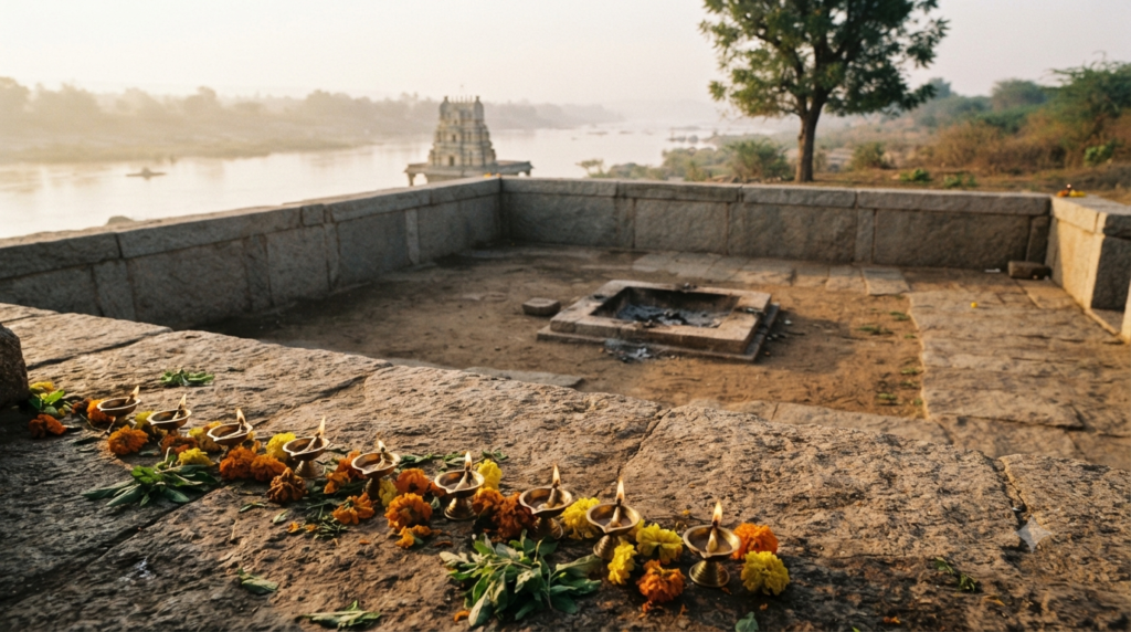 Stone shrine courtyard marking the Prahlada yagna at Mantralaya beside the Tungabhadra at dawn