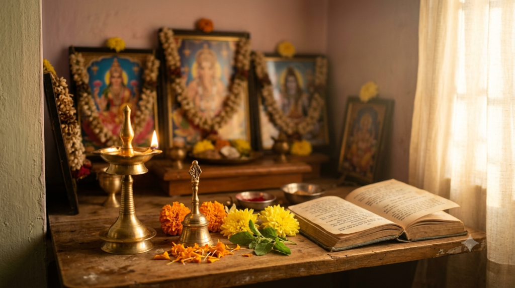 Home puja lamp and flowers showing Raghavendra Stotra benefits during morning chanting
