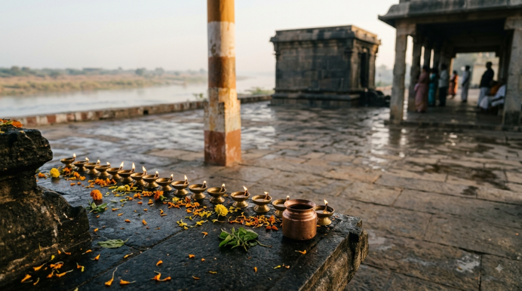 Raghavendra Swamy 700-year promise: lamps and offerings at the Mantralaya Brindavana courtyard at dawn