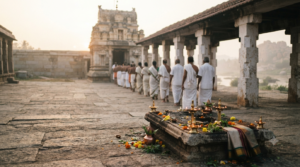 Raghavendra Swamy Brindavana Pravesha site at Mantralaya with oil lamps and pilgrims at dawn