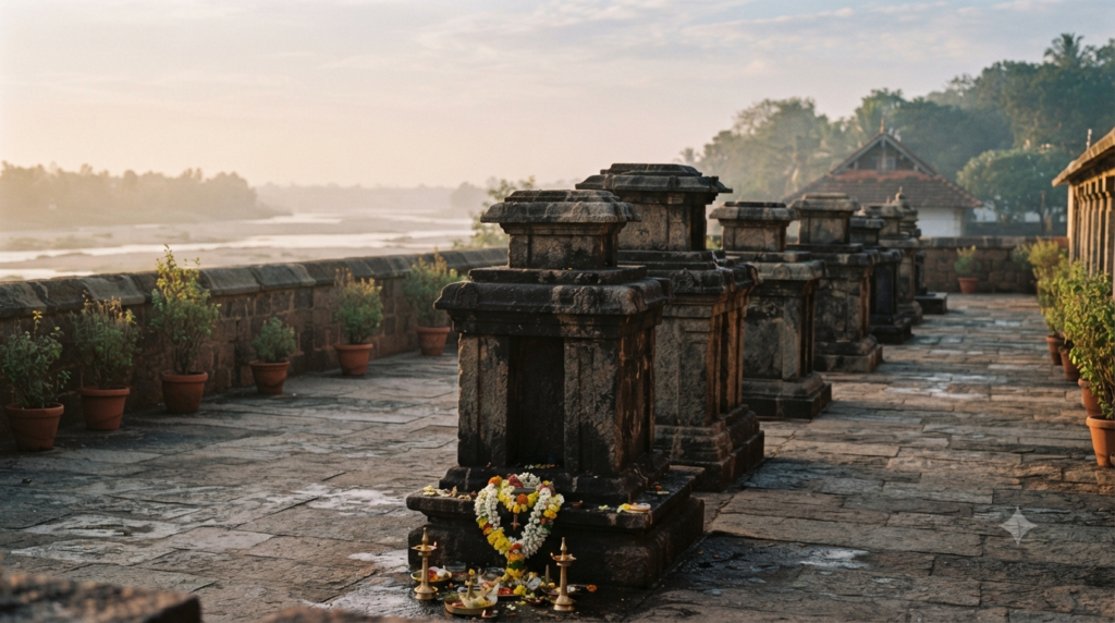 Raghavendra Swamy guru parampara lineage of stone brindavanas at a Madhwa matha