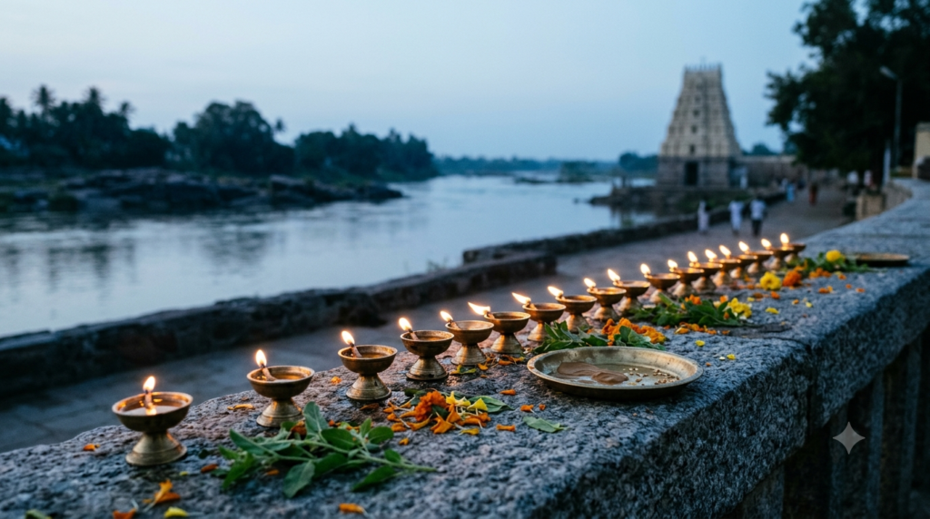 Raghavendra Swamy incarnations guide — oil lamps and tulsi at dawn before a distant riverside Brindavana