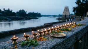 Raghavendra Swamy incarnations guide — oil lamps and tulsi at dawn before a distant riverside Brindavana