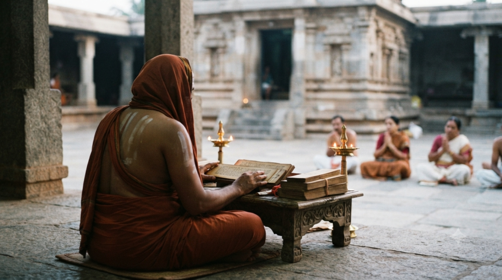 Raghavendra Swamy Matha pontiff leadership in a Madhwa Matha setting with manuscripts and lamps