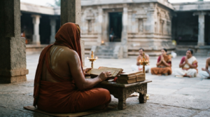 Raghavendra Swamy Matha pontiff leadership in a Madhwa Matha setting with manuscripts and lamps