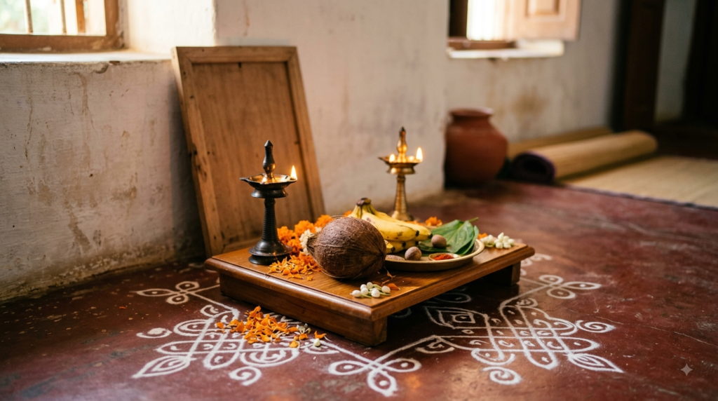 Raghavendra Swamy Vratam home altar with two oil lamps, flowers, fruit and an unbroken coconut