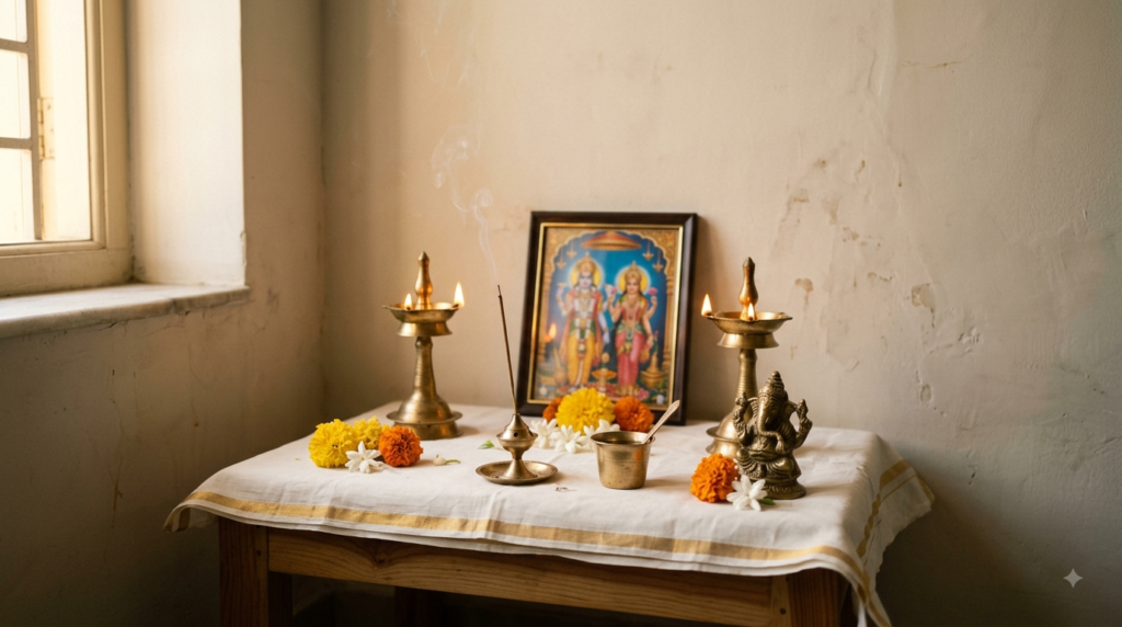 Rayaru mandir at home set in a clean northeast corner with a raised seat, ghee lamps and flowers
