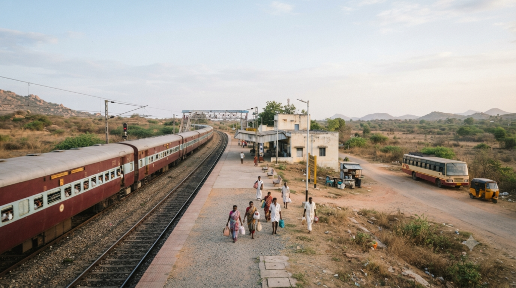 Chennai to Mantralayam train arriving at a South Indian station for the onward pilgrimage journey