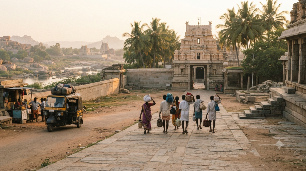 Mantralaya 2 day itinerary with pilgrims arriving for Rayaru darshan and nearby temple visits