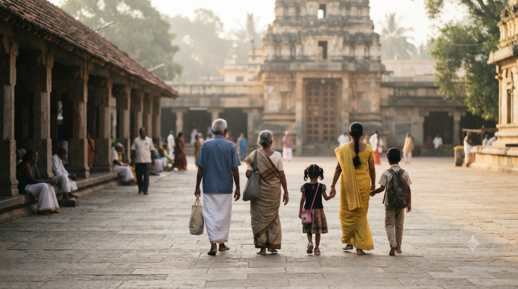 Mantralaya family trip with senior citizens and children approaching the pilgrimage complex