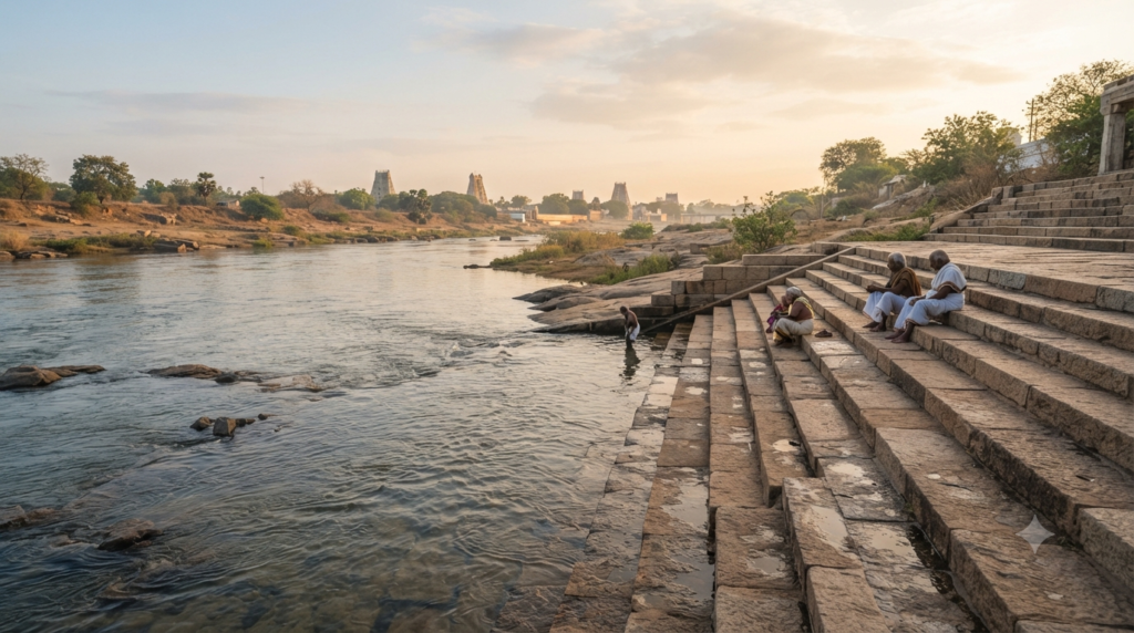 Mantralayam river bath at the Tungabhadra ghat with stone steps and pilgrims
