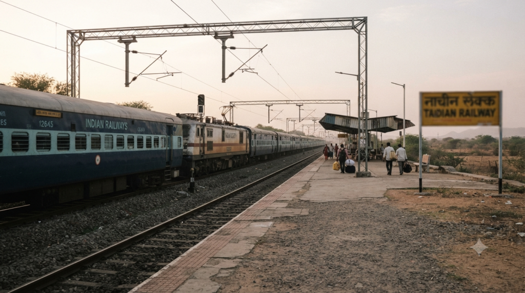 Mantralayam Road railway station platform and train before the onward transfer to Mantralaya