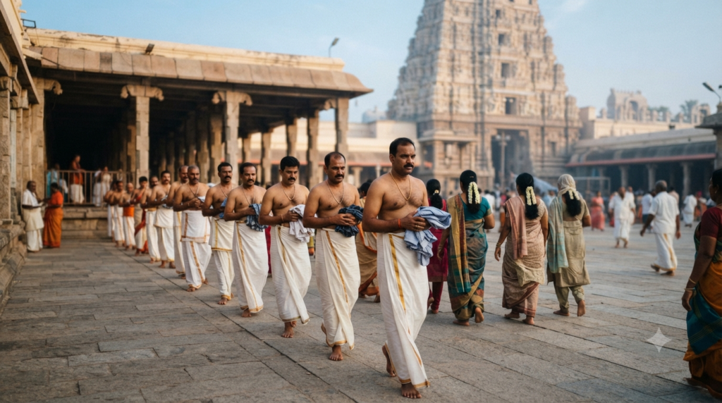 Mantralayam temple dress code with devotees in traditional Indian clothing before darshan