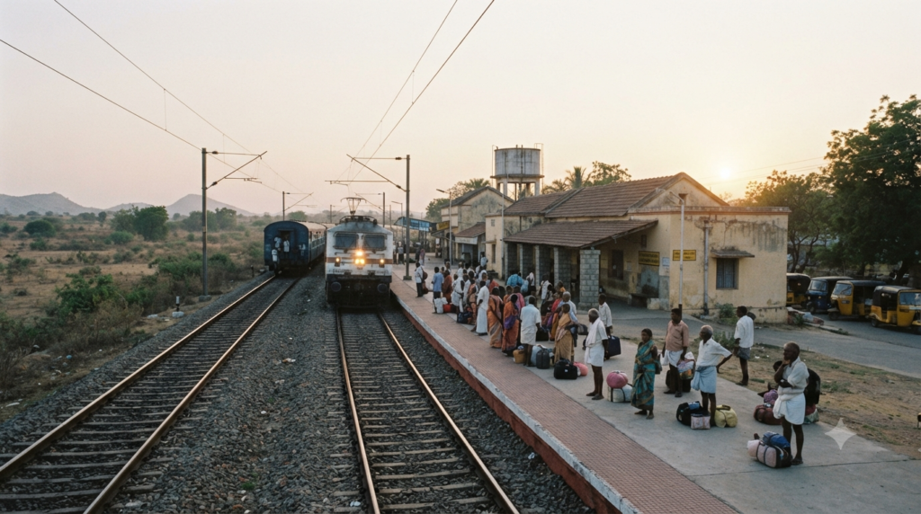 Mumbai to Mantralayam train arriving at a Deccan railway station for the final pilgrimage transfer