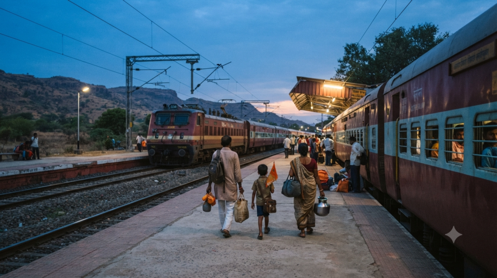 Pune to Mantralayam train journey at a Deccan railway platform before the final pilgrimage transfer