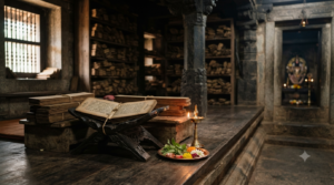 Raghavendra Swamy works represented by palm-leaf manuscripts and a traditional Madhwa study desk