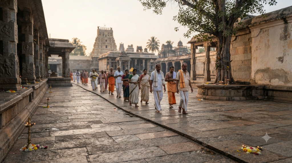 Raghavendra Swamy pradakshina in a quiet Mantralaya Brindavana courtyard