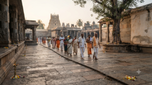 Raghavendra Swamy pradakshina in a quiet Mantralaya Brindavana courtyard